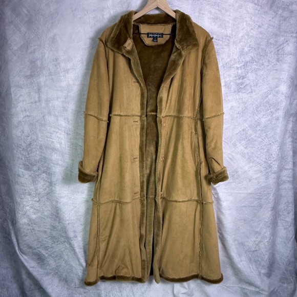 Vtg y2k Penny Lane afghan long coat sz S Faux Suede faux fur Lined Tan Boho - Picture 1 of 12